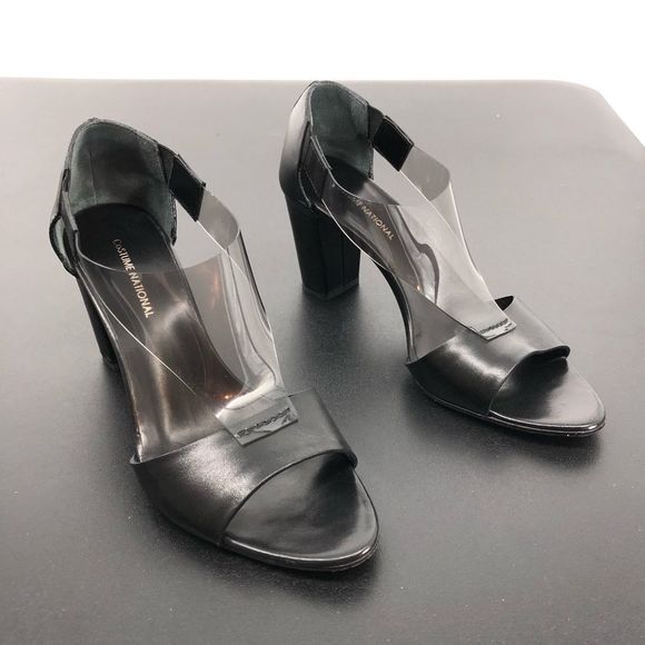 Costume National Leather Round Toe PVC Cutout Heeled Sandals - Picture 2 of 12